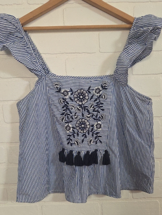 Zara Tops - Zara Embroidered Flutter Sleeve Top - Nautical Boho